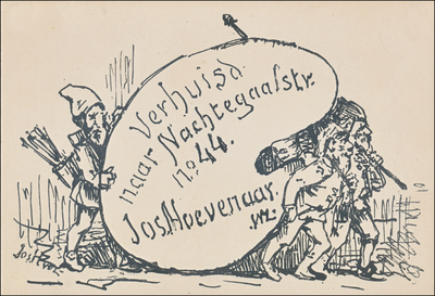 711673 Verhuiskaart van Jos. Hoevenaar Wz., Kunstschilder, Nachtegaalstraat 44 te Utrecht; de kaart is door de ...